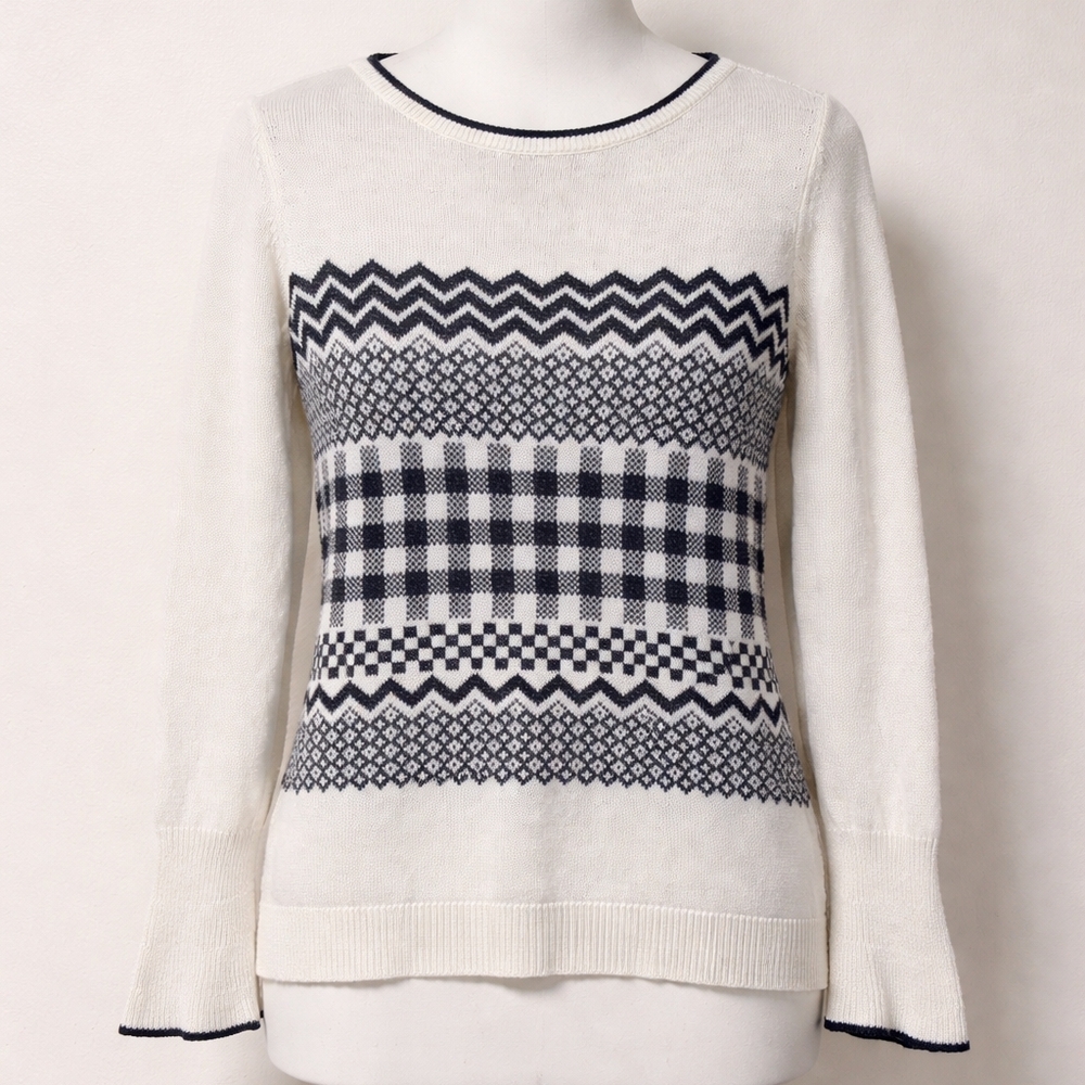 Talbots Black White Fair Isle Geometric Crew Neck Sweater Classic Cozy Office
